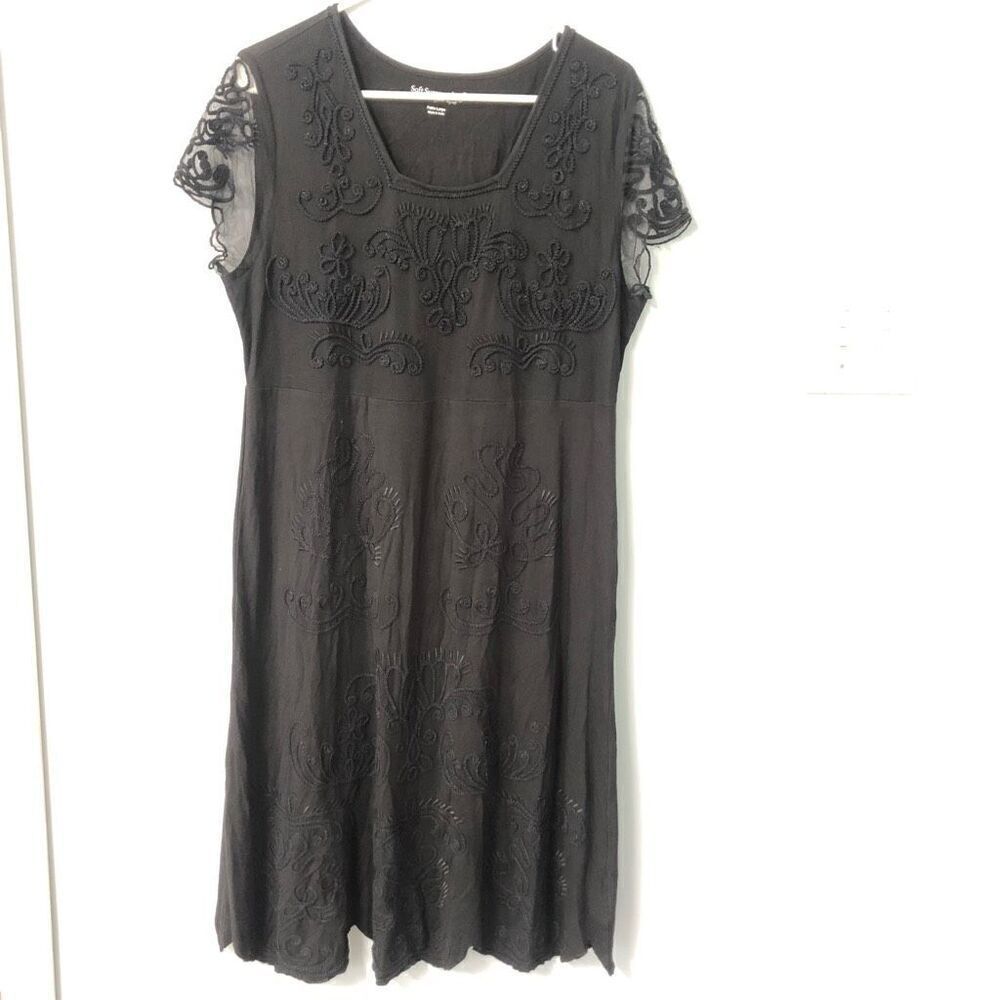 soft surroundings black embroidered sheer‎ sleeves scalloped hem petite large